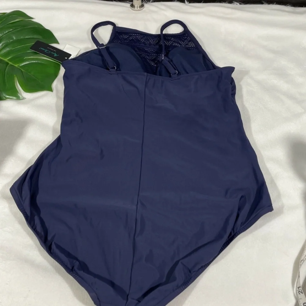 NWT Aqua Green [‎ Plus 20W ] Crochet High Neck One Piece Swimsuit Navy